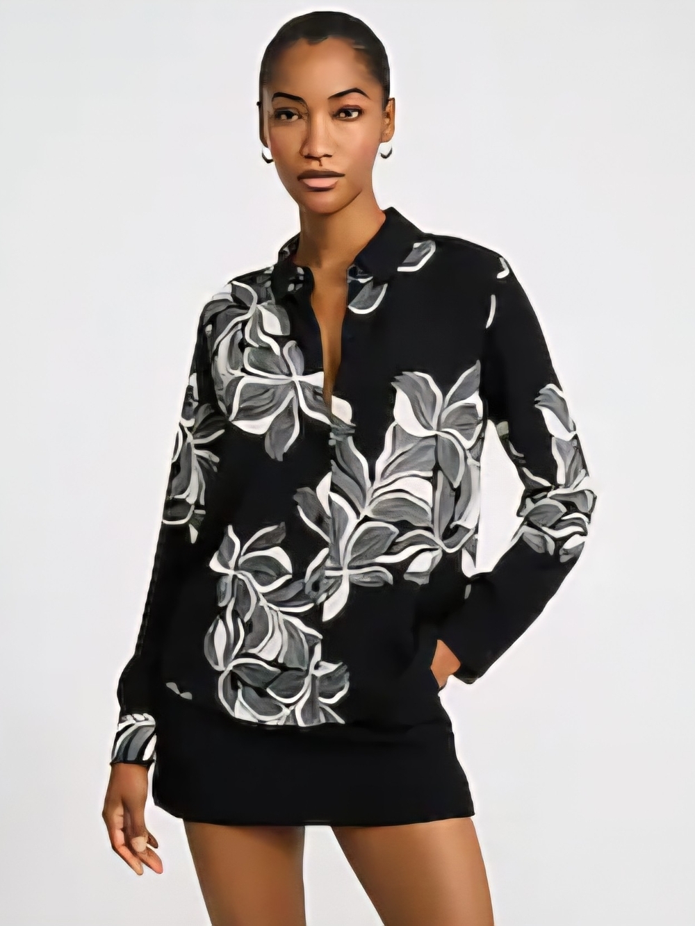 Express Black & White Floral Printed Portofino Shirt